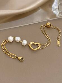 18K镀金珍珠心形手链，女士奢华珠宝，可调节双链设计，适合情人节、派对、晚宴、日常佩戴、约会、狂欢节、新年、婚礼、海滩、圣诞节、周年纪念日等场合，也是送给妈妈的优雅礼物，波西米亚风珠宝，生日伴娘礼物。