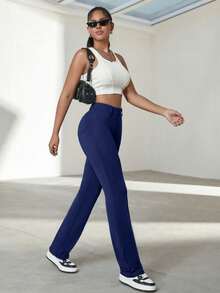 Y2K瑜伽修身紧身裤，高弹力侧袋，简约舒适，高品质，适合日常休闲、跑步、运动、教学等各种场合，秋季女士长裤。 - 藏蓝色 - 查看 5