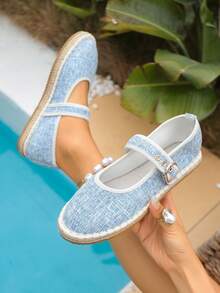 新款复古优雅简约清新蓝色百搭亚麻绳底亚麻布中底透气舒适时尚休闲搭扣可调节轻便平底乐福鞋 - 淺藍色 - 查看 1