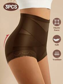 MIOTAN 3条装女士高腰网眼内裤，收腹提臀，交叉绑带设计，日常内衣 - 彩色 - 查看 2