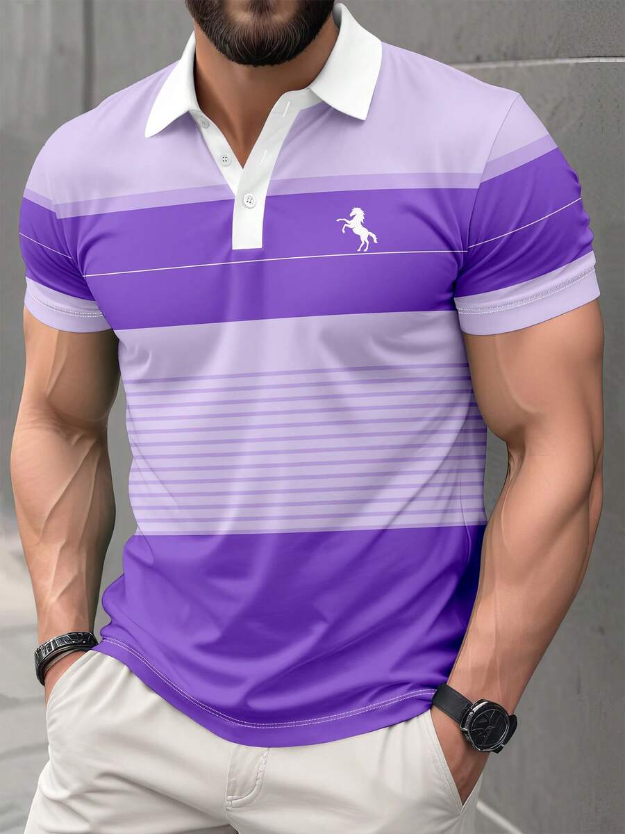 Men's Casual Striped Print Short Sleeve Polo Shirt Summer Sports - Violet Purple - View 1