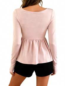 Women T-shirt Long Sleeve Bowknot Pleated Solid Ladies Fall Tops Streetwear for Casual Daily - Rosa - Ver 6