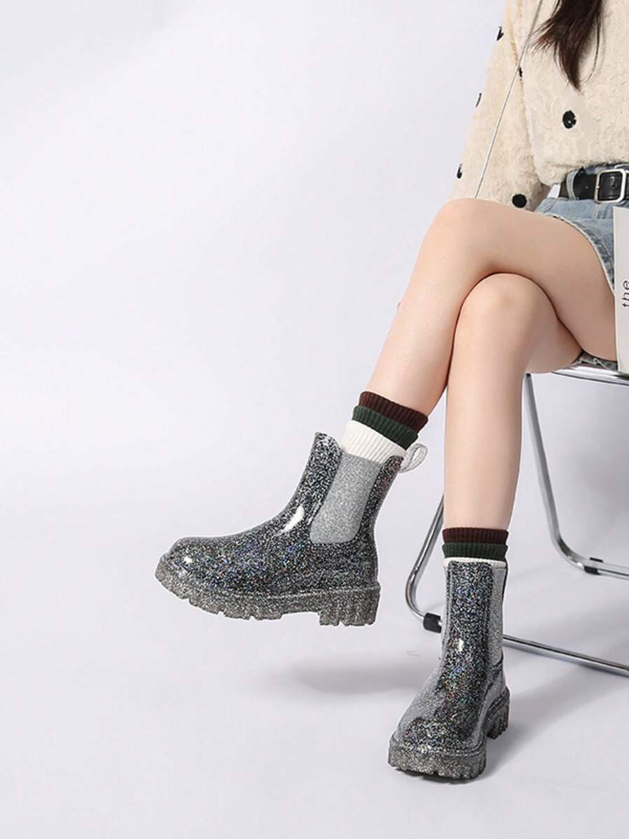 Sweet Casual Women's Mid-Calf Rain Boots, Thick Sole Outdoor Water Shoes, Elevated Boots