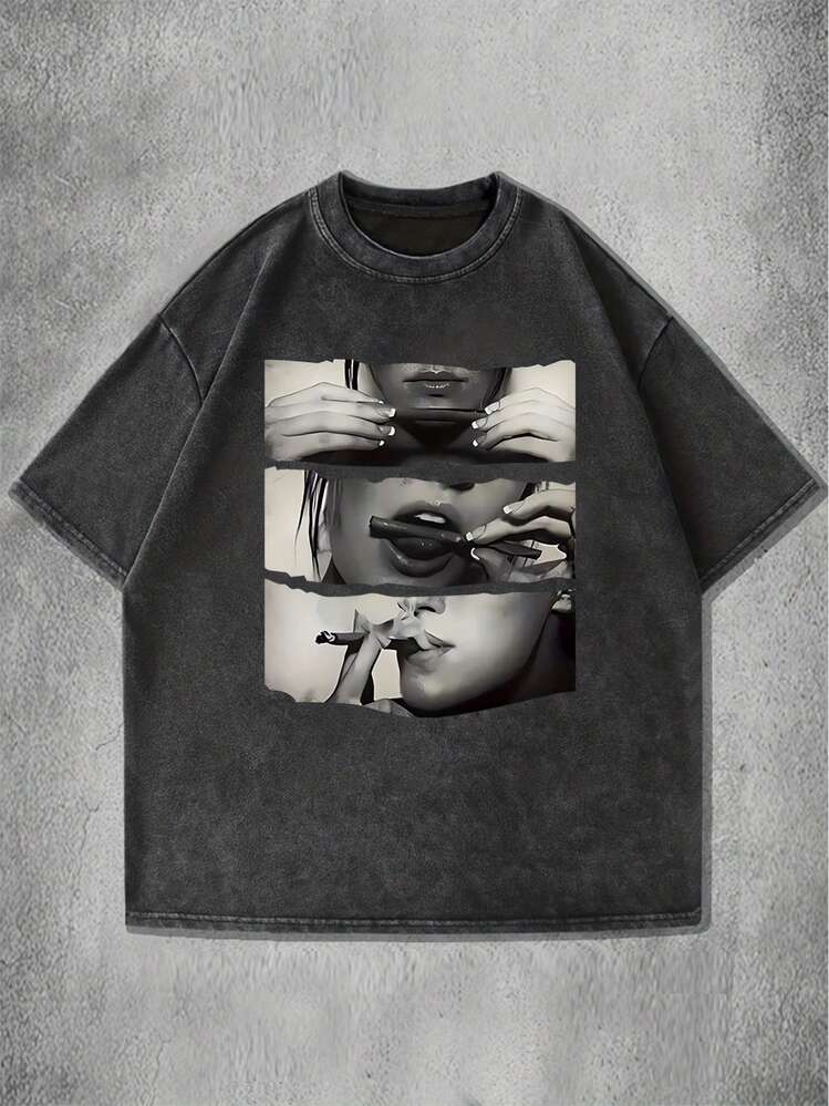 Camiseta de Mujer Casual con Estampado Geométrico, Corte Holgado, Cuello Redondo, Manga Corta - Top de Moda de Verano Lavable a Máquina con Diseño de Labios y Espejo, Camisetas para Damas, Tela Suave - Este tamaño no se envia, no elija!  gracias - Añade 1