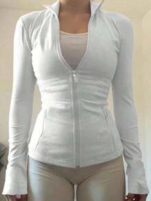 Women's Casual Zip-Up Sports Jacket, Regular Fit, Spring Women Coats - trắng - Xem 5