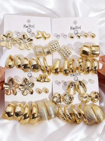 1 Set Fashionable & Elegant CCB Earrings, Geometric Pattern, Flower, Stripe, Heart Shaped Multi-Element Earring Set, Suitable For Women Daily Wear, Gift For Friends, Holiday, Birthday