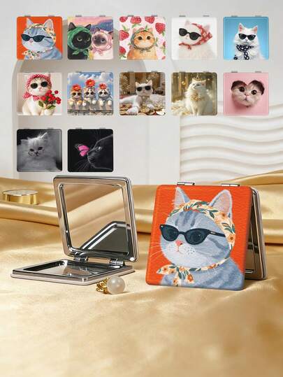 1个可爱猫咪图案便携式化妆镜，可折叠轻巧便携，采用耐用PU皮革材质，适用于各种场合，可折叠方形口袋镜