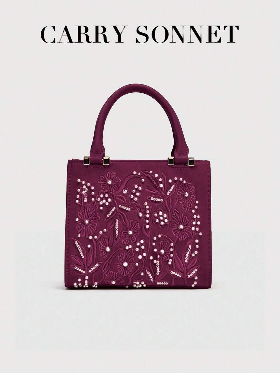 حقيبة مساء نسائية مطرزة باللون البرغندي، حقيبة أنيقة ذات مقبض علوي مزينة بالأزهار اللؤلؤية، محفظة رسمية لحفلات الزفاف والمناسبات، حقيبة نسائية، هدية للنساء - عنابي اللون - مشاهدة 1