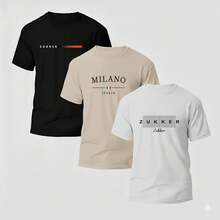 Set Of 3 Men's Crew Neck T-Shirts, Cotton Shirts, Comfortable Slim Fit, Immediate Shipping, Stylish Print, Various Colors - đen/be/trắng - Xem 1