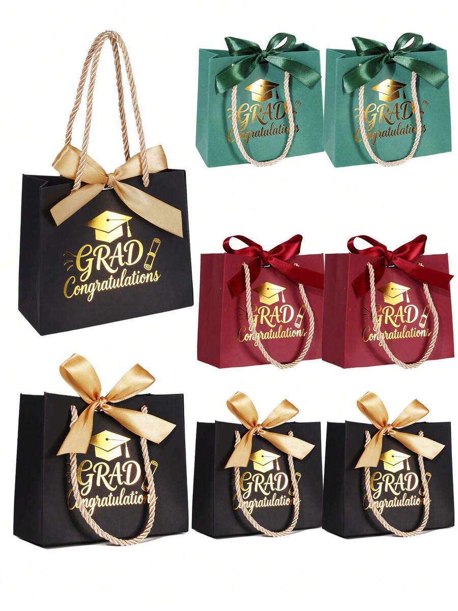 10pcs/Set Graduation Canvas Tote Bag Gift Box (With Ribbon), Graduation Canvas Bag, Graduation Gift Box, Graduation Candy Canvas Bag Gift Box, Graduation Party Small Gifts - Burgundy + Burgundy Ribbon [Graduation Season Handbag] - View 1
