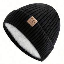 Men's Retro Winter Knit Hat - Thickened Fleece-Lined Earmuffs For Warmth, Navy Blue/White/Patterned Patches, Soft And Fluffy Lining - Durable Beanie For Winter Fitness, Outdoor And Everyday Use, Hand Washable, Comfortable Design, Reinforced Stitching Stripes, Casual Sports Headwear, Retro Style, Suitable For Outdoor Enthusiasts - 黑色 - 查看 11