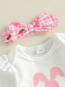 Conjunto de Pascua para niña, mono de manga larga con conejito, pantalones cortos con volantes a cuadros, diadema con lazo y medias, conjunto de 4 piezas para primavera - Blanco - Ver 3