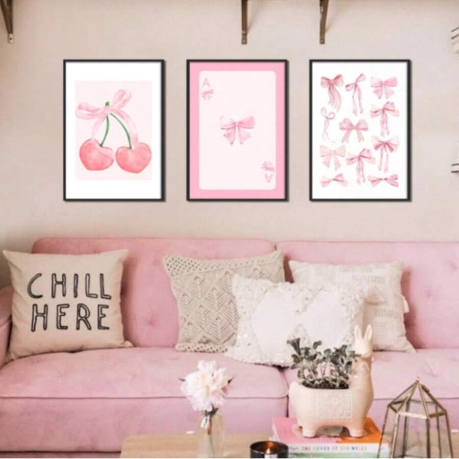 3pcs Pink Bow Watercolor Wall Art Prints, Girly Canvas Painting, College Style Poster Decor, Suitable For Bedroom, Living Room, Office, Dorm Room Decoration, Frameless - Multicolor - View 1