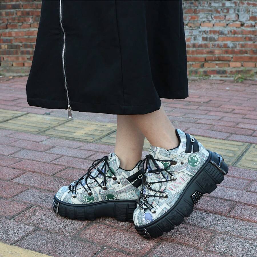 Unisex Retro Sneakers Shoes Metal Decorations Round-Toe Thick Sole Casual Shoes For Men And Women Large Size Lace-Up - 灰色 - 查看 1