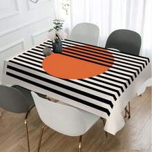 1pc Bauhaus Black-White-Orange Pattern Tablecloth With Mid-Century Modern (Stripes & Circles) Detail, Machine-Washable Polyester Fabric, With Durable, Easy-Clean, Stain-Resistant, Consistent Quality Functions, Mid-Century Modern Style, Tablecloth/Dining & Coffee Table Cover, Suitable For Wedding, Birthday, Bridal Shower, Daily Use, Kitchen & Party - 印花1 - 查看 3