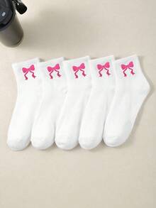 5双白色儿童中筒袜，儿童运动袜，白色袜子配粉色蝴蝶结，适合女孩日常穿着/搭配，新学期跑步袜，透气、舒适、柔软，适合1-16岁儿童 - 彩色 - 查看 8