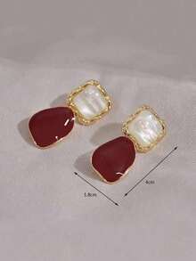 1 Pair Of Fashionable Square Dangling Earrings, Preferred For Women's Daily Decoration - 酒紅色 - 查看 4