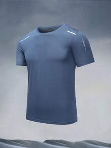 1pc Men's Summer Ice Silk Printed Short Sleeve T-Shirt, Casual Sports Minimalist Quick-Dry Top - Dusty Blue - View 2