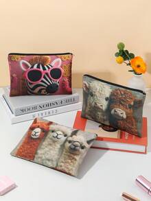 1个多功能化妆包，3D羊驼、斑马和公牛图案，便携式手提拉链化妆包，可爱的3D羊驼动物设计，可用作文件袋、洗漱包和文具收纳包，可装口红、化妆刷、护肤品、手机、硬币、小物件等，是学生、教师和旅行者的理想之选，也是返校用品、情人节礼物和母亲节礼物的绝佳选择。 - 彩色 - 查看 3