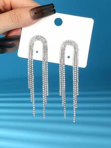 Nooxian 1对时尚迷人派对风格女士耳环，闪亮钻石流苏奢华锆石爪链流苏耳环 - 銀色 - 查看 2