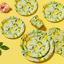 柠檬叶图案一次性餐盘、餐巾纸、杯子，25人派对用品套装，一次性纸盘，适用于生日、婚礼、主题派对、家庭野餐 - 彩色 - 查看 4