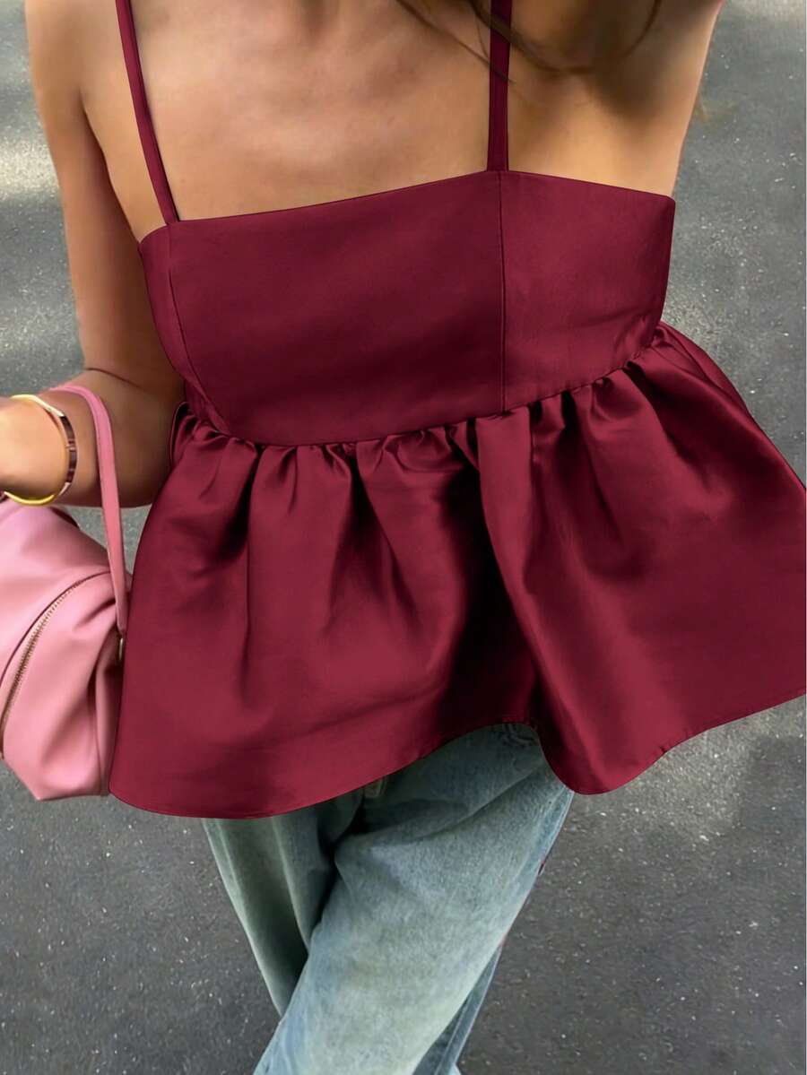 2026春夏女装可爱露背吊带荷叶边吊带背心，适合情人节、新年、节日、街头风、女士生日、女士邮轮旅行、女士休闲、女士度假、女士夏季、女士春季、女士音乐会等场合。 - 酒紅色 - 查看 1
