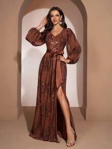 Women's Luxury Elegant Sequin Contrast Color Chiffon V-Neck Lantern Sleeve Belted Evening Dress, Suitable For Weddings, Galas, Banquets, Formal Dinners, Graduations, Coming-Of-Age Ceremonies, Celebrations, Concerts, Red Carpets And Other Occasions - 亮橙色 - 查看 5