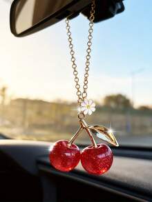 1pc Red Cherry Car Pendant Car Rearview Mirror Pendant Creative Interior Decoration - A - View 3