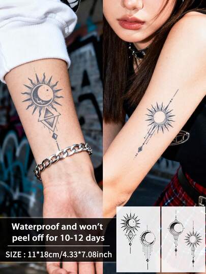 2张斋月临时纹身贴纸，仿日月几何情侣半永久纹身，防水防汗，可持续1-2周，逼真草本汁液，防摩擦，不反光，黑色，男女通用，可用于手臂、胸部、腿部、腹部、腰部、手指、颈部、脊柱等部位，现代主义人体艺术