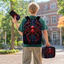 3pcs Spider/Truck Theme Backpack Set (Black/Red/Colorful), Includes Handbag, Pencil Case And Storage Bag - Made Of Polyester, Lightweight And Fashionable, Mixed Color Design