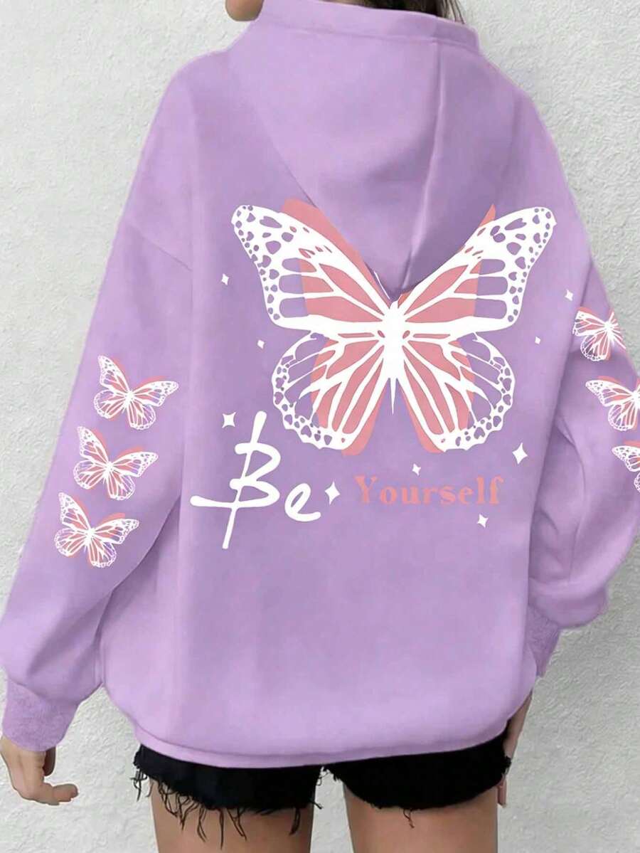 女款大尺碼蝴蝶連帽衛衣-灰色底色配粉色飾邊,「Be Yourself」印花,舒適套頭連帽衫,適合秋冬穿著 - 淡紫色 - 查看 1