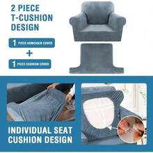 Trugenix-Sofa Cover 2 Piece T Cushion Armchair Slipcovers Velvet Couch Cover Furniture Protector Stretch T Cushion Sofa Covers For 1 Cushion Couch With 1 Individual T Cushion Covers, Deep Teal-GP - Stone Blue - 查看 4