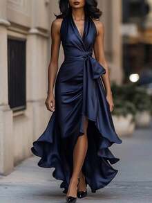 Women's Elegant Dress With Voluminous Ruffle Hem & Asymmetrical Train - A-Line Short Length Long Sleeve Formal Party Wedding Guest Dress In Blue, Washable (No Stretch),Gifts Halloween And - Màu xanh hải quân - Xem 1