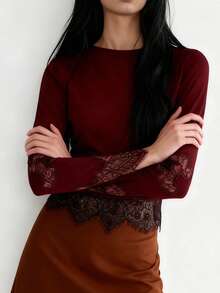 Blusa de encaje con cuello redondo y manga larga para mujer, corte ajustado, para fiesta, primavera y verano - Rojo - Ver 4