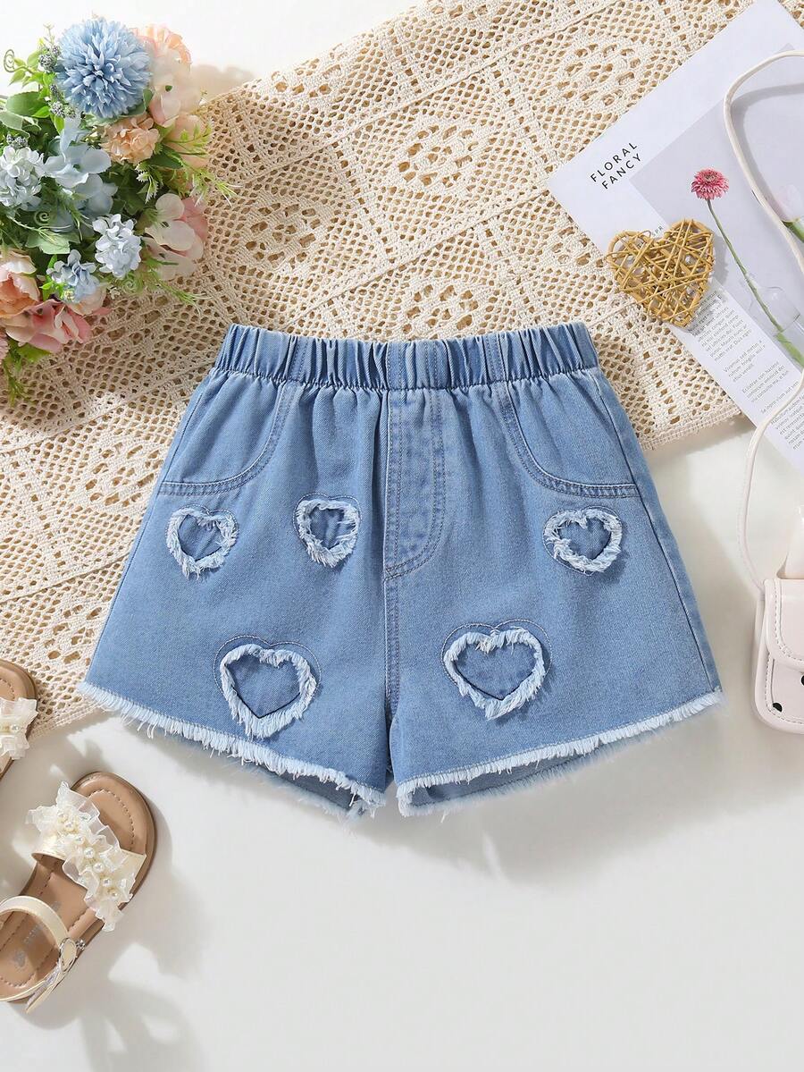 1pc Girls' Casual Loose Fit Denim Shorts, Comfortable & Versatile, Fashionable With Heart & Tassel Decor, Elastic Waist, Blue - Medium Wash - View 1