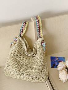 Women's Shoulder Bag, Crocheted Straw Woven Beach Style - Beige - View 8