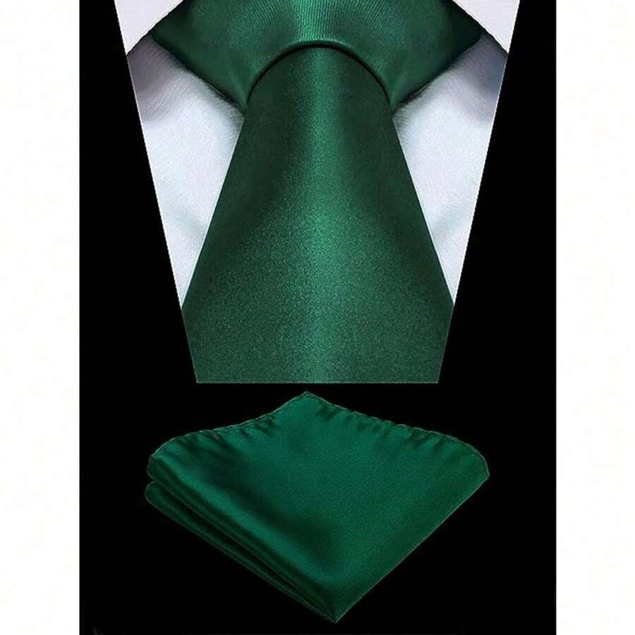 1 Set Men Solid Color 8cm Necktie And Pocket Square Set, Satin Tie And Handkerchief Set, Business Necktie And Pocket Square Men Necktie - Màu xanh lá cây đậm - Xem 1