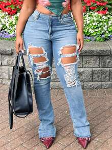 Quần jeans ống loe rách gối, chất liệu denim mài, đa năng dành cho nữ, phù hợp cho đi làm, đi nghỉ mát và hẹn hò. - Rửa trung bình - Xem 2