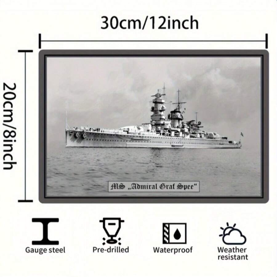 Placa de Metal Navio de Guerra Alemão Almirante Conde Spee - 20,32x30,48 cm, Design de Navio Blindado Curvo, Arte de Parede Metálica para Decoração Residencial e de Escritório, Disponível em Branco/Verde/Amarelo/Preto - Multicolorido - Visão 1