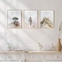 三联帆布墙画套装，耶稣肖像，自然风景，波西米亚风格墙饰，时尚挂毯，基督教经典礼物，适用于客厅、办公室、书房、卧室墙面装饰，无框礼物，生日及毕业礼物 - 米色 - 查看 4