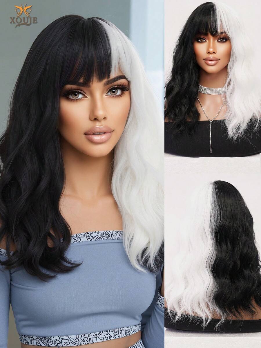 XOUJE Tóc giả Lolita ngắn xoăn hai tông màu đen trắng 16 inch có mái, mềm mại và bồng bềnh, làm từ sợi tổng hợp chịu nhiệt, phù hợp cho nữ giới yêu thích thời trang, cosplay, phong cách anime, dự tiệc hàng ngày, phụ kiện tóc anime, tóc giả xoăn gợn sóng dài vừa phải, kiểu tóc anime. - Đen và trắng - Xem 1