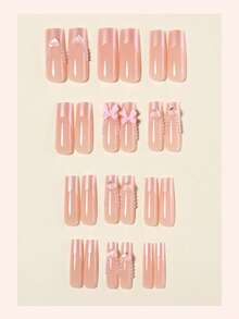 24片法式亚克力美甲贴片，长方形，3D粉色蝴蝶结，XXL/XXXL珠光装饰，水钻设计，简约甜美Y2K风格，表面光滑，全覆盖假指甲，适合女性和女孩日常佩戴。 - 彩色 - 查看 2