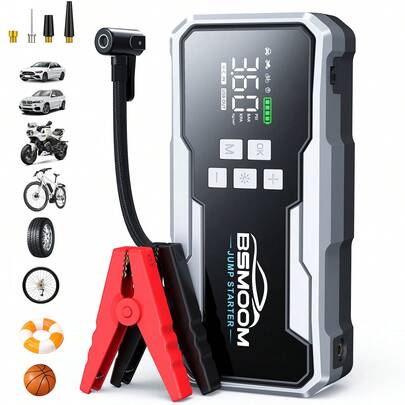 BSMOOM Car Battery Jump Starter With Air Compressor 160PSI , 8000A 12V Jump Starter For All Gasoline/10.0L DSL Vehicles, Portable Battery Booster Pack Cordless Tire Inflator & Power Bank, USB Output Port, Includes Jumper Cables, LED Light, Digital Display, Storage Box