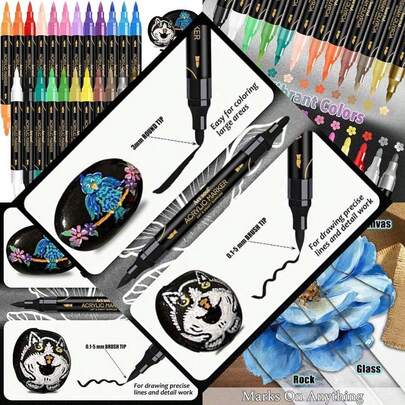 Acrylic Paint Pens With Dual Tips - Ideal For Canvas Paper Glass Ceramic Wood Rock, Vibrant Long Lasting Colors That Dry Quickly