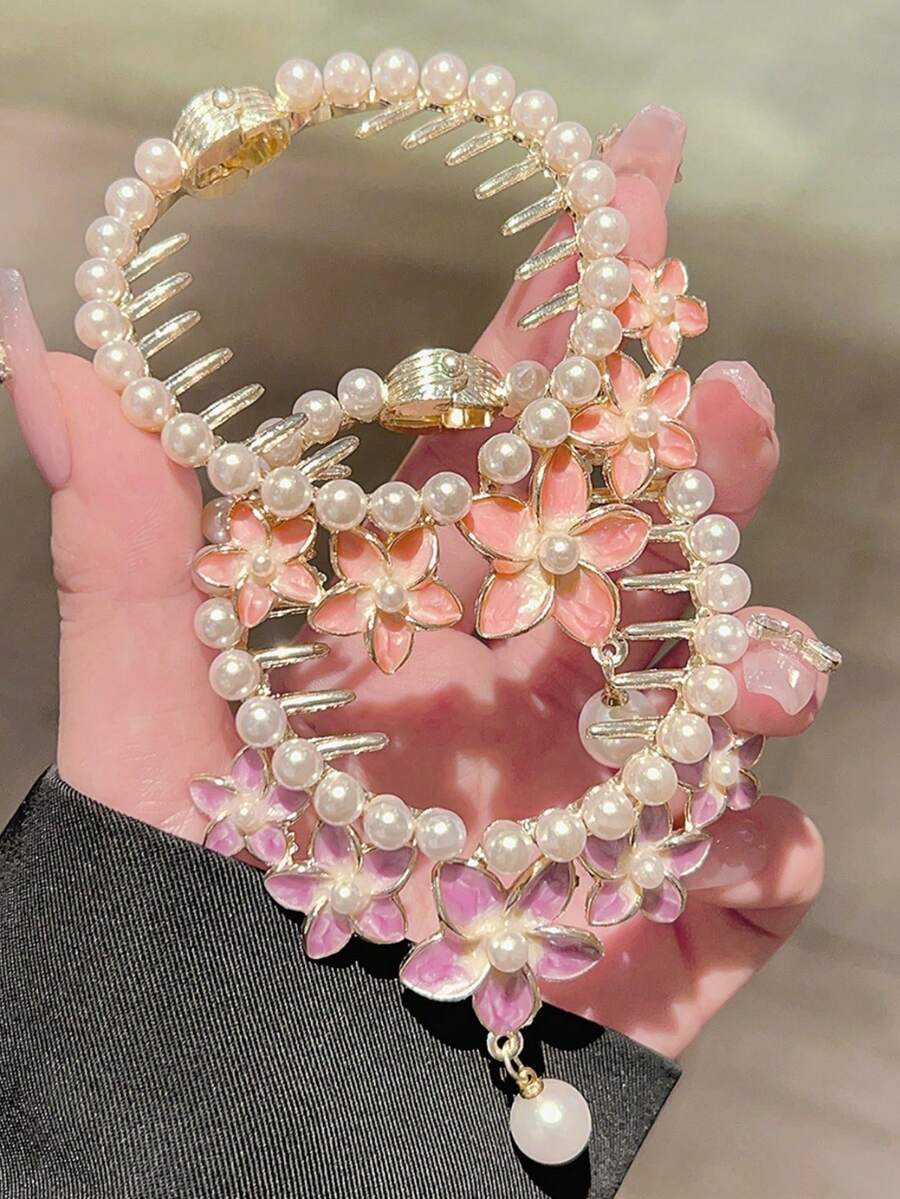 2 piezas Clips para el cabello con flecos y flores de perlas falsas, adecuados para peinados diarios y de fiesta, accesorios de moda para el cabello de mujer, pinza elegante para el cabello - Multicolor - Ver 1