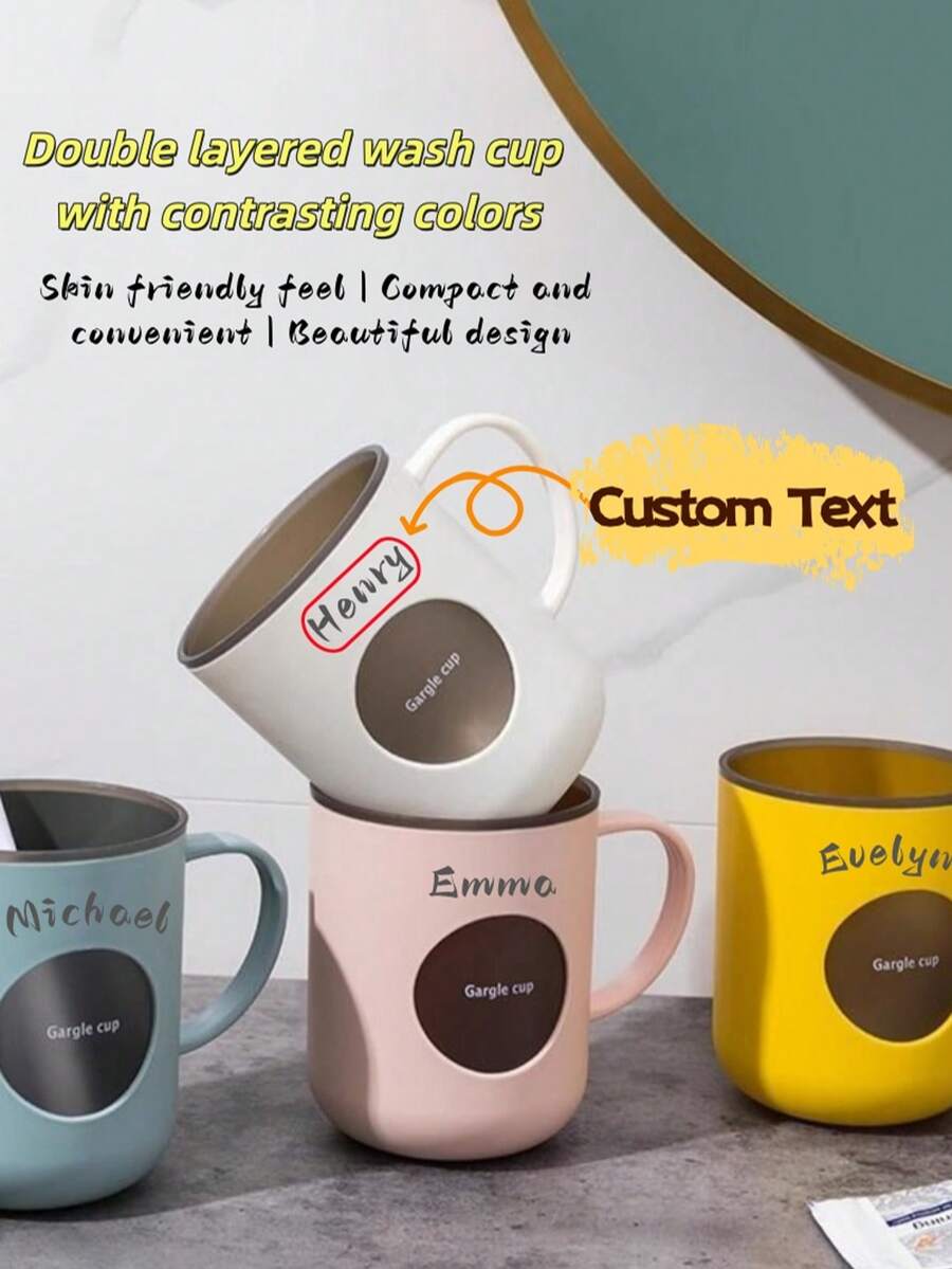 [Customized] Dual-Color Dual-Layer Rinse Cup, Customizable Name, Couples Bathroom Cup, Skin-Friendly Material + Stylish Contrast Color Design, Compact Size, Built-In Handle For Easy Grip, Exclusive Customized Text To Avoid Sharing, Keeps Vanity Tidy, One Person One Cup For Better Hygiene, Suitable For Rental, Home, Dorm