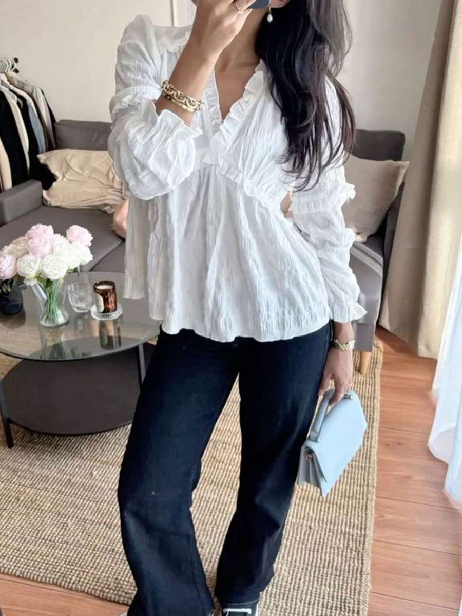 ii Women's Elegant Textured V-Neck Frill Trim Long Sleeve Blouse White Spring