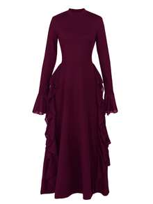 ii Women's Elegant Flare Sleeve Ruffle Hem Design Dress Spring - Burgundy - View 6