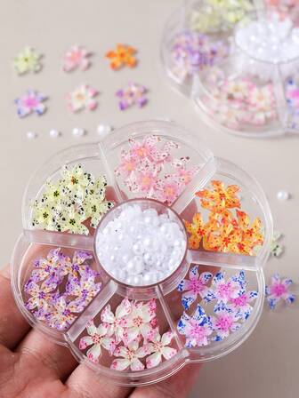 קופסה אחת קישוטי ציפורניים עם הדפס נמר Y2K צבעוני, פרחי נקודות תלת מימדיים, פנינה מלאכותית ABS, מתאים למסיבת יום האהבה, אביזרי ציפורניים, ציוד לציפורניים עשה זאת בעצמך, אבני חן לציפורניים