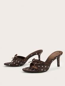 Casual Rhinestone Flower Party Banquet Sexy Coffee Faux Silk Round Toe Open Toe Polka Dot Bow Stiletto High Heel Sandals - Coffee Brown - View 3